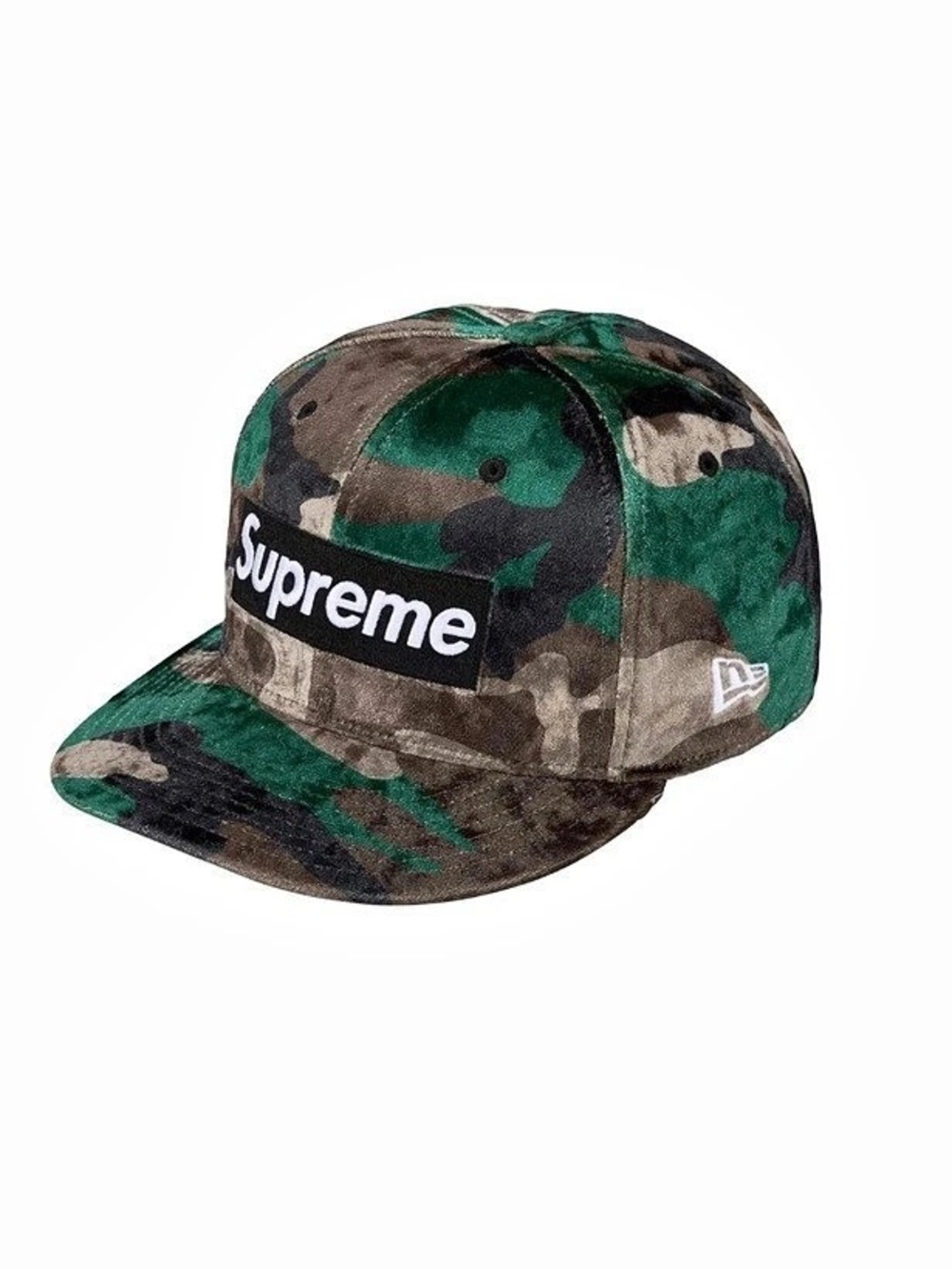 Supreme Crushed Velvet Box Logo New Era Hat Woodland Camo 7 3/8 FW26 Sealed